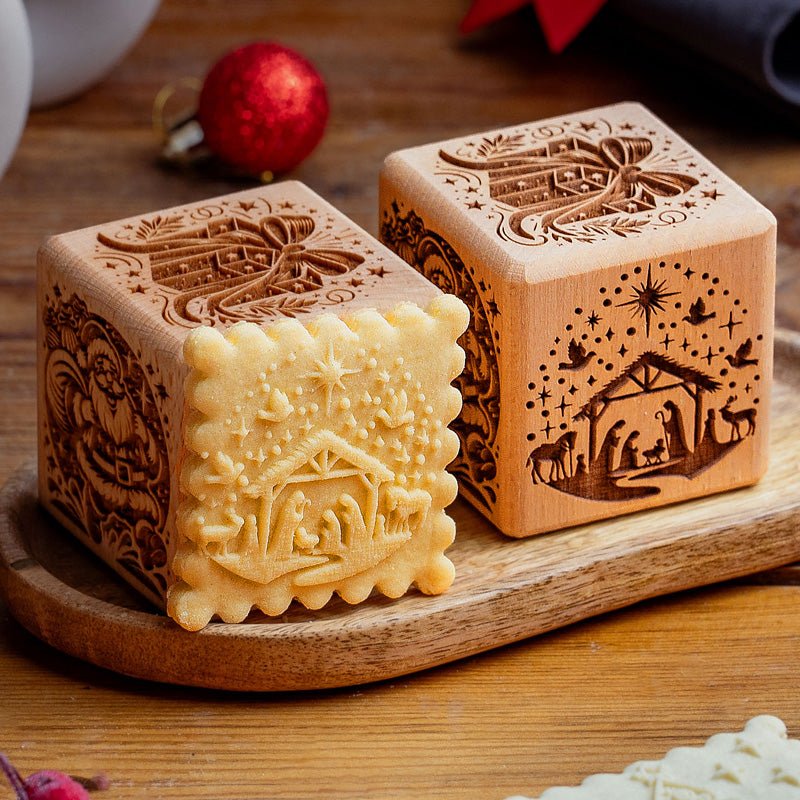 Christmas cookie stamp cubes with patterned shortbread cookies