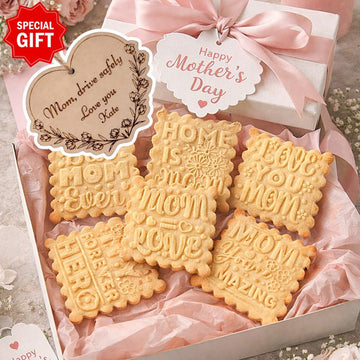 Mother's Day cookie stamp cube in wood, six engraved faces, with the stamped cookies it makes
