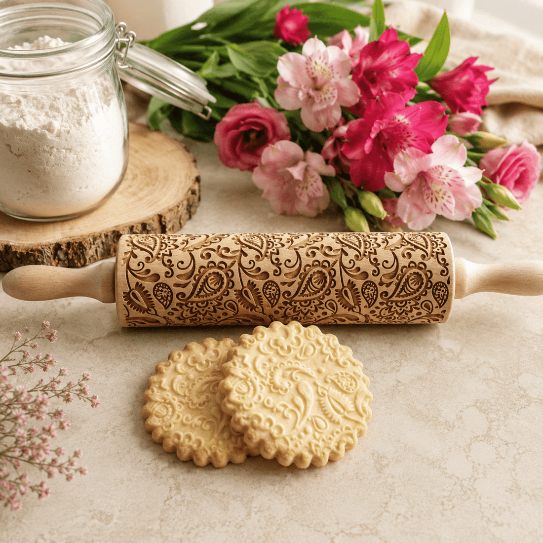 Floral Paisley embossed rolling pin with patterned shortbread cookies