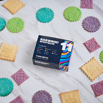 Set of eleven natural powder food colourings for tinting cookie dough before embossing