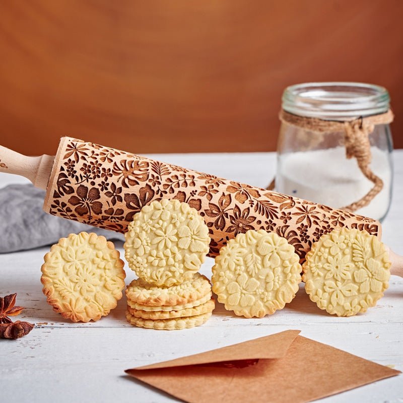 Baking Roller Embossed Rolling Pin With Oriental Flowers - Wooden