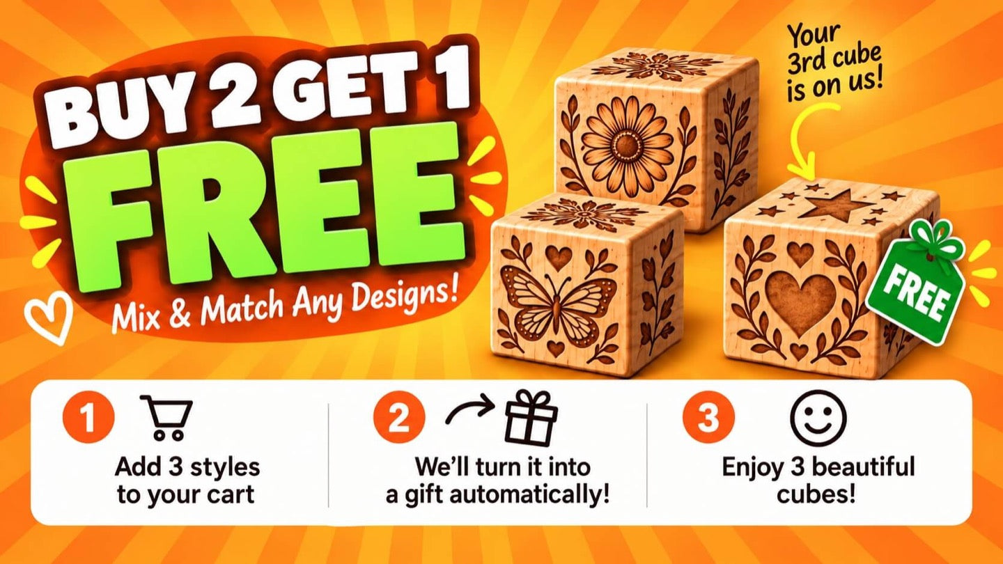 Buy 2 get 1 free. Mix and match any designs. Add 3 cubes to your cart, the 3rd one is free automatically.