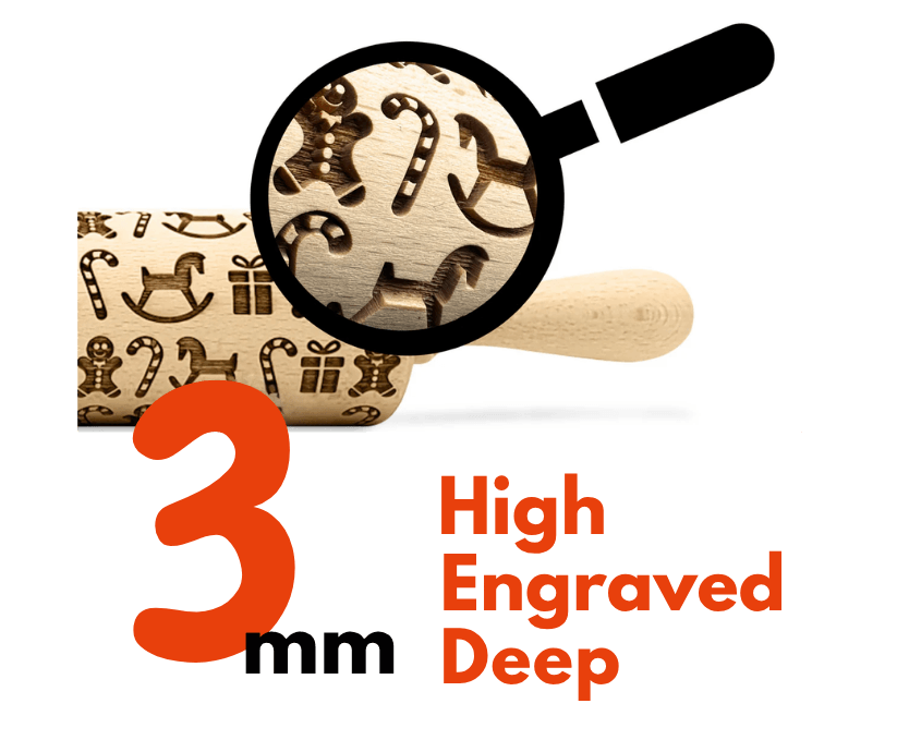 Magnifying glass over a Pastrymade rolling pin showing the 3 mm deep engraving